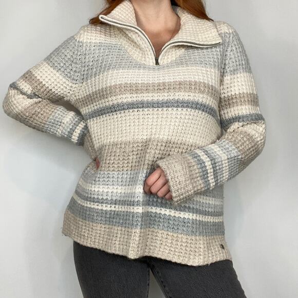 Vintage Y2K Eddie Bauer Neutral Tan Gray Stripped Half ZIP Wool Blend Sweater - Picture 5 of 11